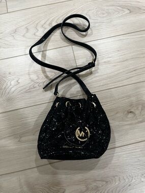 Michael Kors Black Sequin Drawstring Crossbody Bag with Gold Hardware